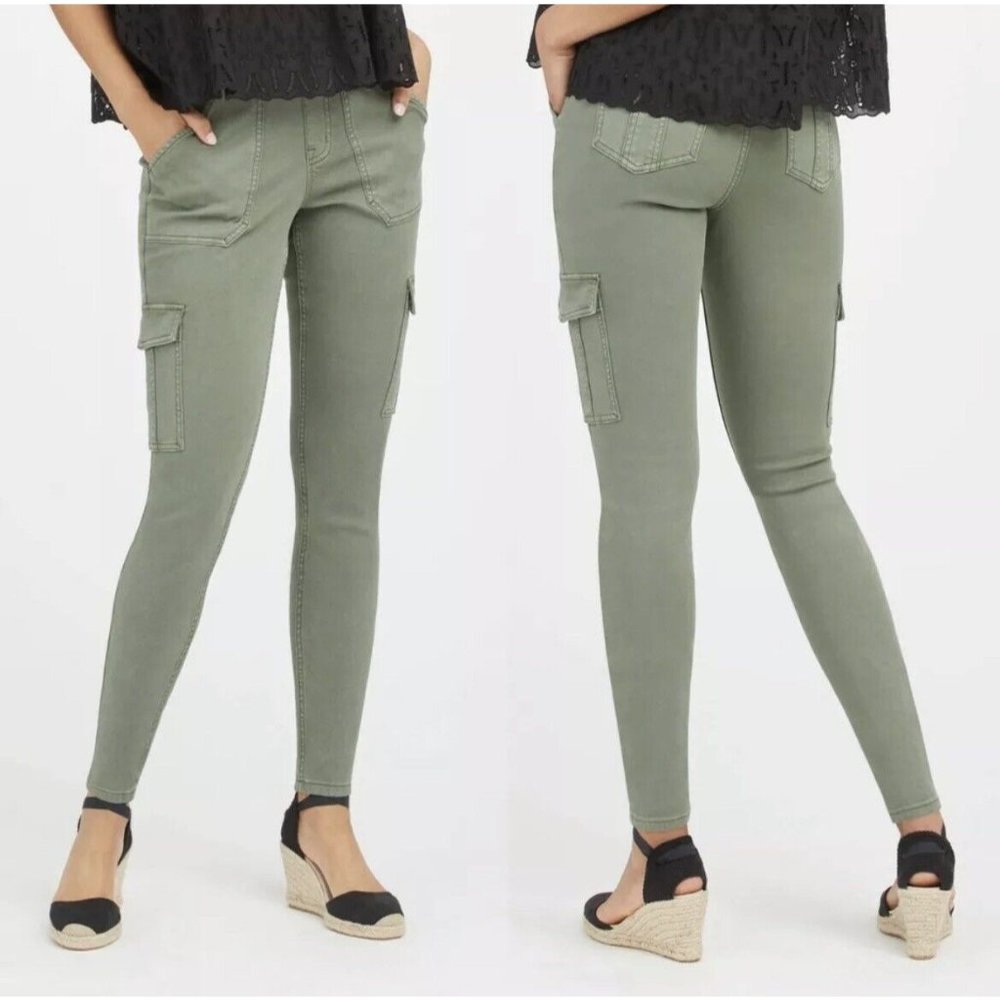 SPANX Stretch Twill Ankle Cargo Pants High Rise Green Women's Size M
